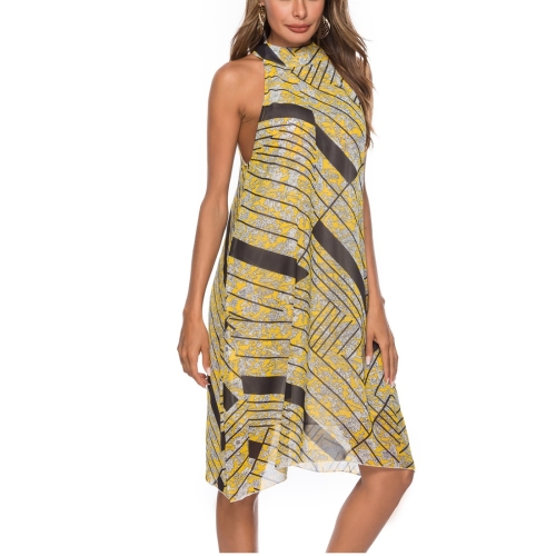 

Stand Collar Sleeveless Printed Chiffon Dress Beach Dress (Color:Yellow Size:L)