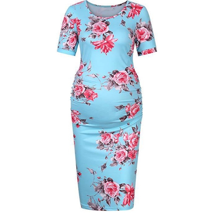 

Round Neck Short Sleeve Solid Color Maternity Dress (Color:Baby Blue Size:S)
