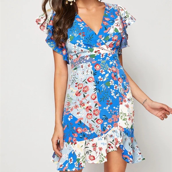 

Irregular V-neck Floral Slim Dress (Color:As Show Size:L)