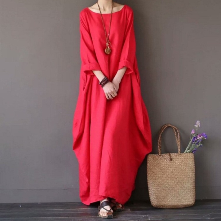 

Fashion Loose Linen Dress (Color:Red Size:M)