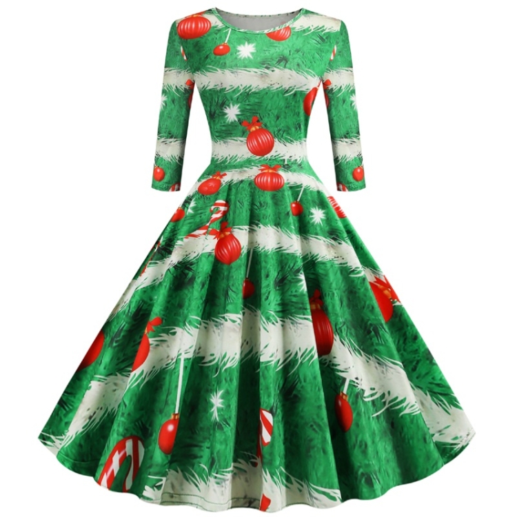 

Sleeve Elegant Retro Print Big Swing Dress (Color:Green Size:2XL)
