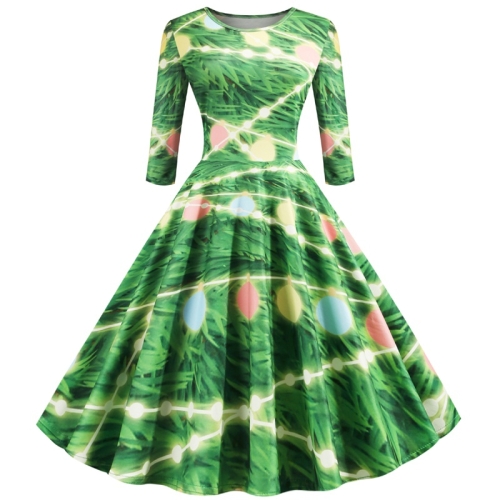 

Sleeve Elegant Retro Print Big Swing Dress (Color:Green Size:S)