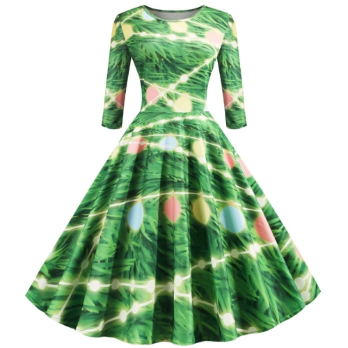 

Sleeve Elegant Retro Print Big Swing Dress (Color:Green Size:L)