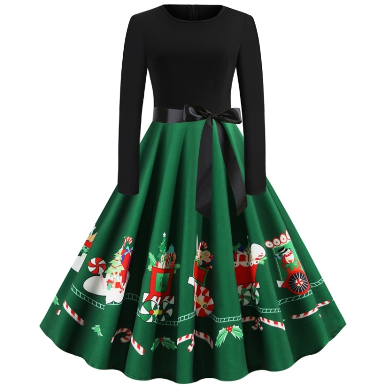 

Elegant Retro Print Big Swing Dress with Ribbon (Color:Green Size:S)