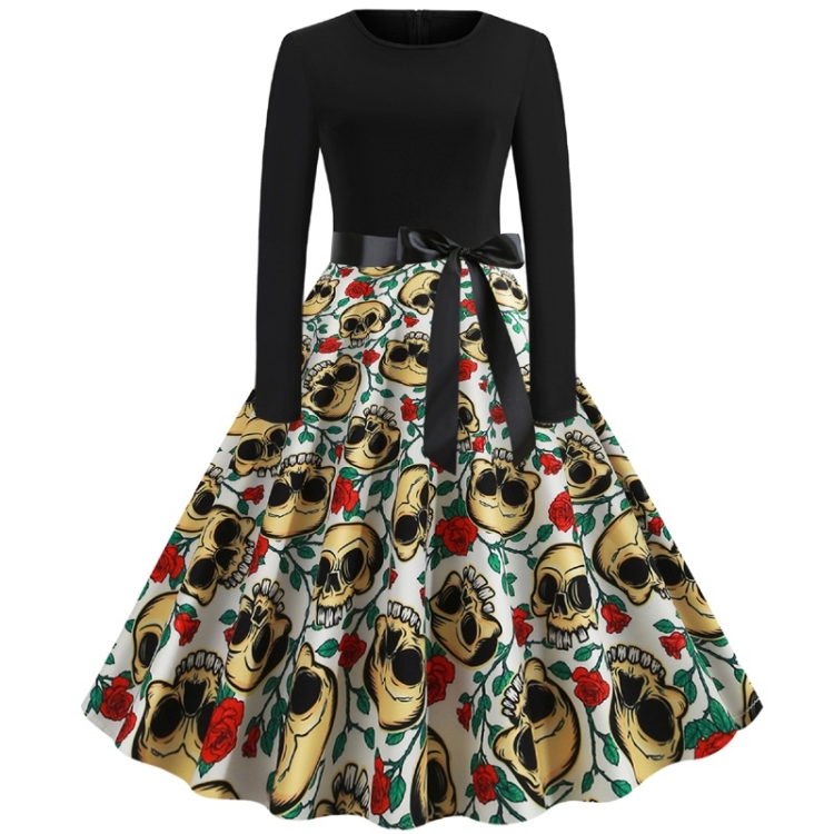 

Fashion Retro Print Long-sleeved Big Swing Dress with Ribbon (Color:Yellow Size:S)