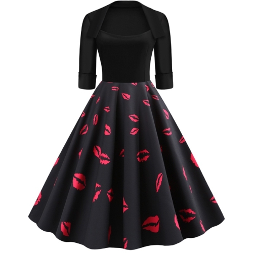 

Sleeve Fashion Personality Printing Lapel Big Swing Dress (Color:Black Size:XL)