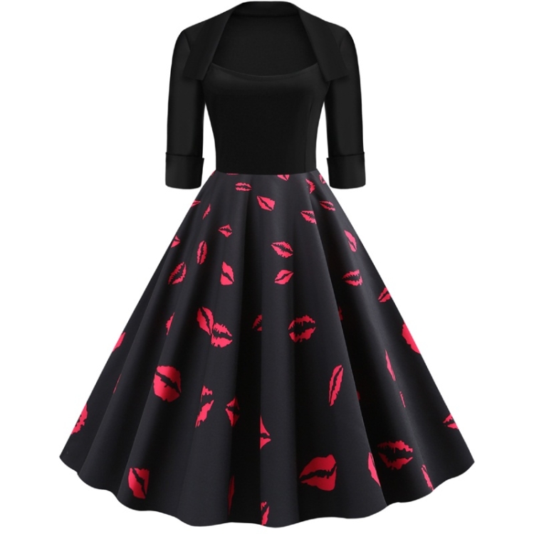 

Sleeve Fashion Personality Printing Lapel Big Swing Dress (Color:Black Size:2XL)