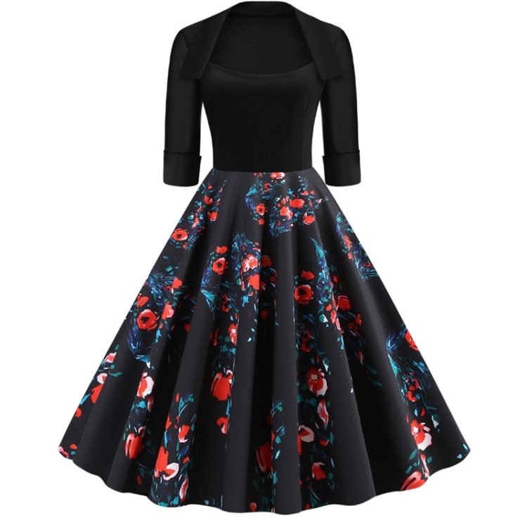

Fashion Personality Printing Lapel Big Swing Dress (Color:Black Size:M)