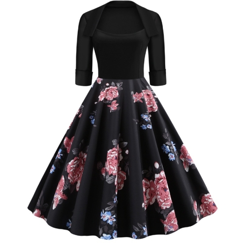 

Sleeve Fashion Personality Printing Lapel Big Swing Dress (Color:Black Size:S)