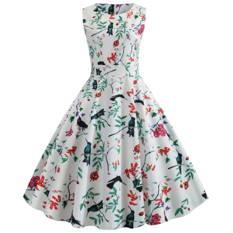 

Retro Style Print Slim Big Swing Dress (Color:White Size:XL)