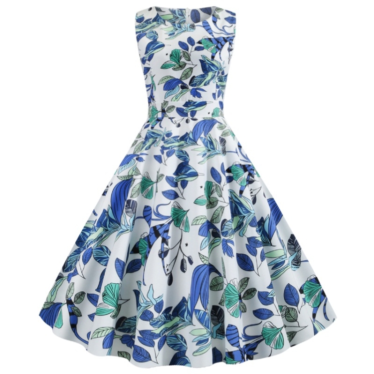 

Retro Style Print Slim Big Swing Dress (Color:Blue Size:S)