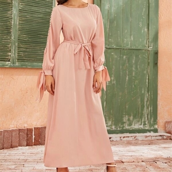 

Pearl Necktie And Cuff Tied Dress (Color:Pink Size:XL)