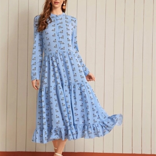 

Horse Printed Button Frilly Skirt Dress (Color:Blue Size:M)