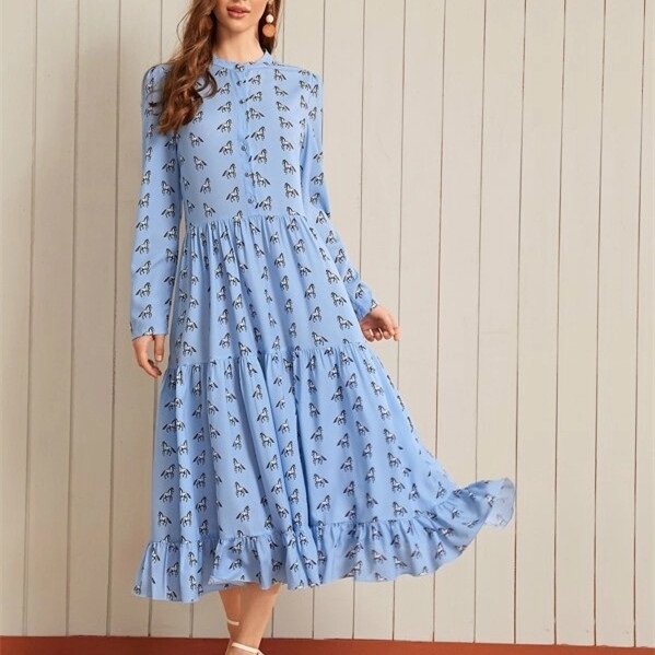 

Horse Printed Button Frilly Skirt Dress (Color:Blue Size:M)