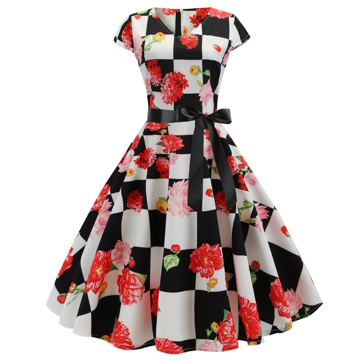 

V-neck Fashion Printed Big Swing Dress (Color:As Show Size:M)