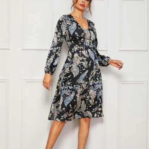 

Printed V-neck Mid-length Dress (Color:As Show Size:M)