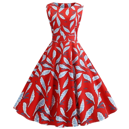 

Retro Print Slim Waist Big Swing Dress (Color:Red Size:M)