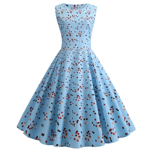 

Retro Print Was Thin Waist Big Swing Dress Send Ribbon (Color:Blue Size:XL)