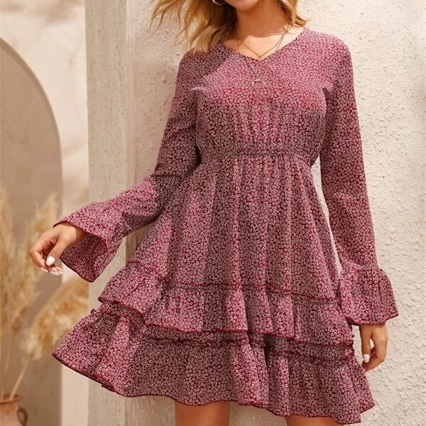

Floral Frill Sleeve Layered Skirt Dress (Color:As Show Size:S)