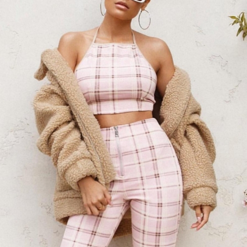 

Plaid Sling Pants Set (Color:Pink Size:S)