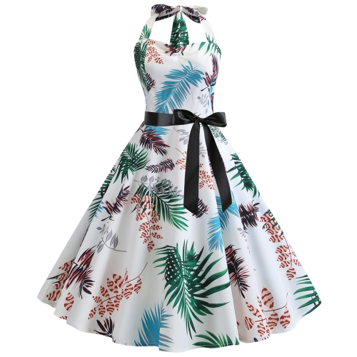 

Fashion Halter Print Big Swing Dress (Color:White Size:M)