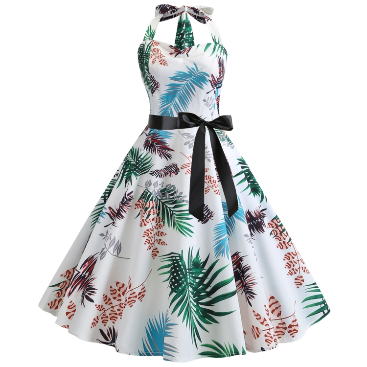 

Fashion Halter Print Big Swing Dress (Color:White Size:2XL)