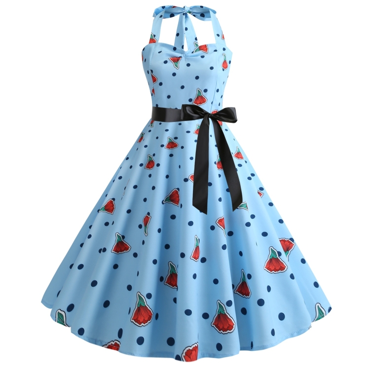 

Fashion Halter Print Big Swing Dress (Color:Blue Size:M)