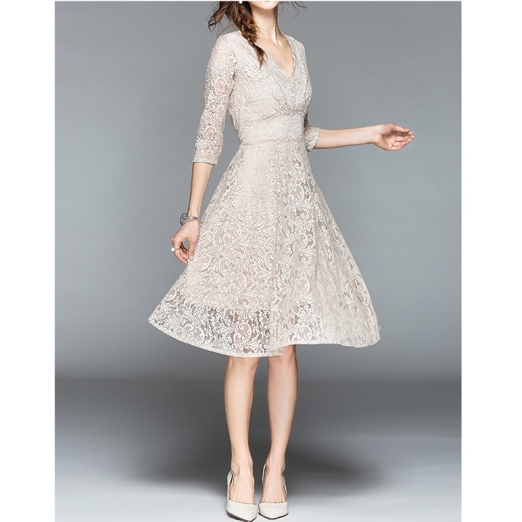 

Lace V-neck Waist Slim Dress (Color:Khaki Size:2XL)