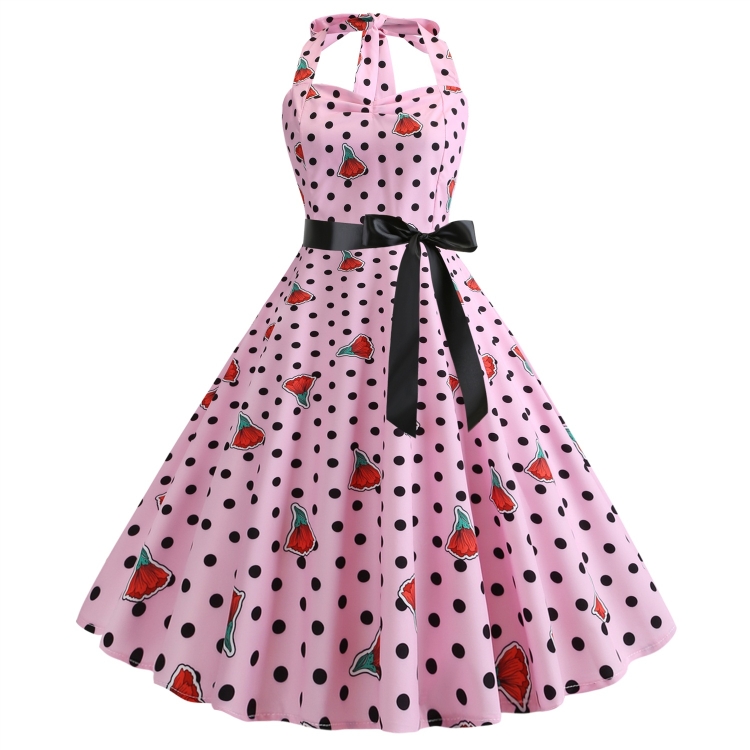 

Fashion Halter Print Big Swing Dress (Color:Pink Size:M)