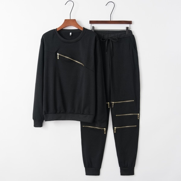 

Sexy Zipper Long Sleeve Casual Plus Velvet Suit (Color:Black Size:S)