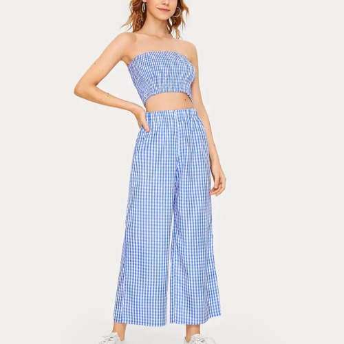 

Blue Plaid Pull Rubber Band Wide Leg Trouser Suit (Color:Blue Size:XL)