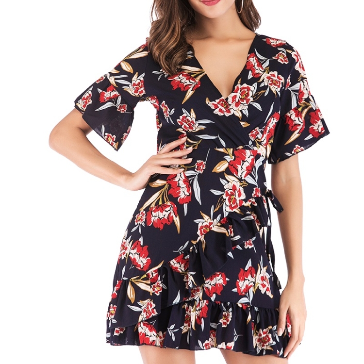 

Ruffled Deep V-neck Bow Tie Dress (Color:Dark Blue Size:S)