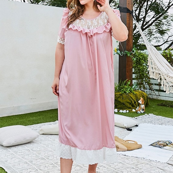 

Palace Style Solid Color Stitching Lace Dress Large Size women Loose Dress (Color:Pink Size:XXL)