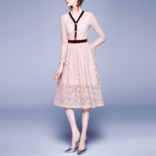 

Fashion Vintage Elegant Lace Stitching Dress (Color:Pink Size:M)