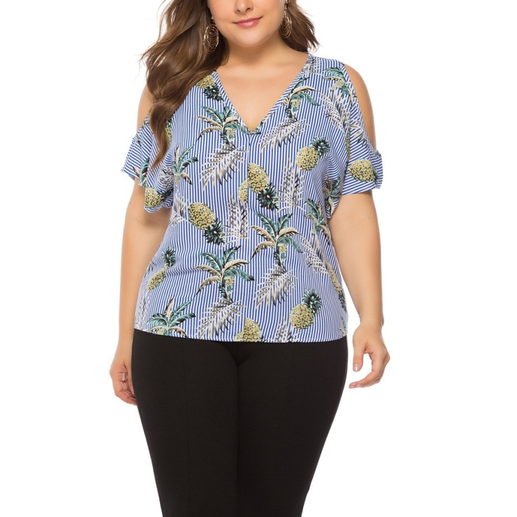 

Floral Pineapple Pattern Off-Shoulder V-neck Loose Large Size Top (Color:Blue Size:XXL)