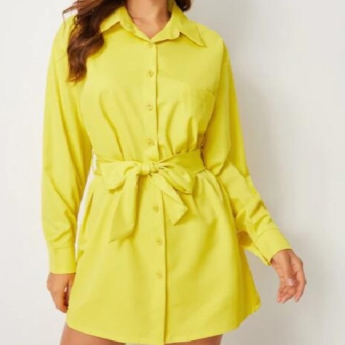 

Belt Fashion Simple Single-breasted Shirt Dress (Color:Yellow Size:S)