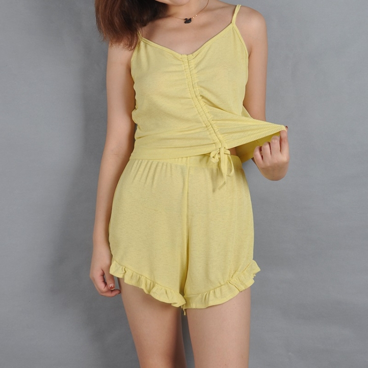 

Drawstring Strap Home Leisure Strap Two-Piece Pajamas (Color:Yellow Size:S)