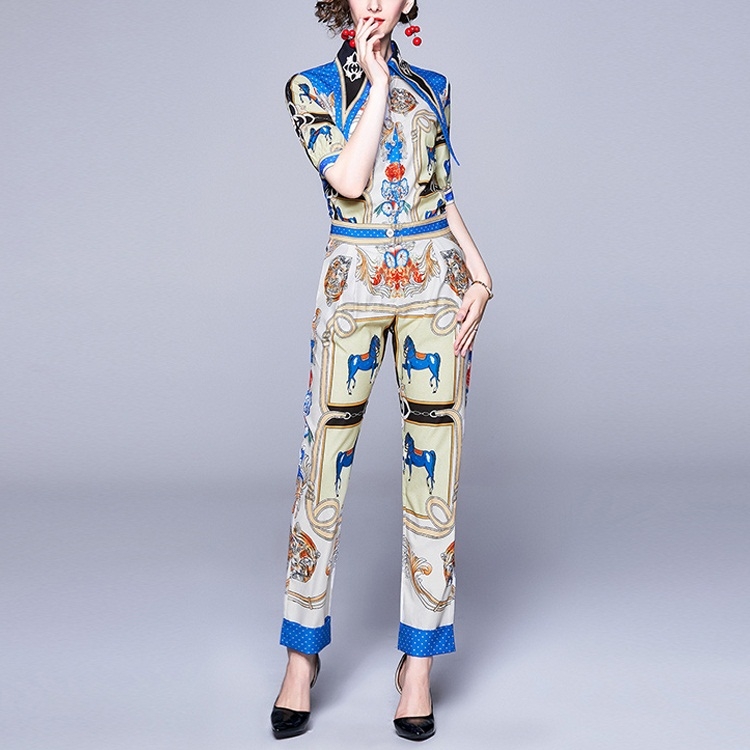 

Retro Print Fashion Western Style Two-piece Suit (Color:Blue Size:L)