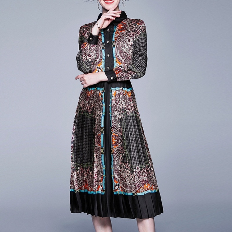 

Retro Lapel Printing Slim Long-sleeved Dress (Color:As Show Size:M)