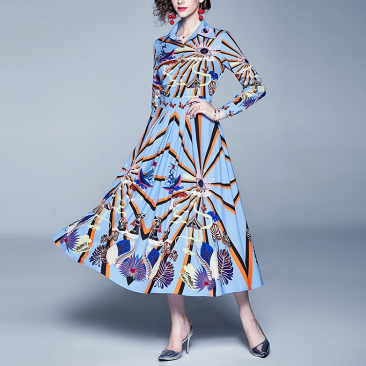 

Printed Shirt Collar Big Swing Dress Pleated (Color:Blue Size:XL)