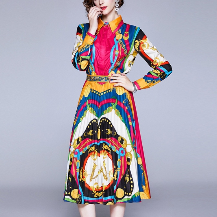 

Printed Long-sleeved Pleated Dress Long Section (Color:Red Size:L)