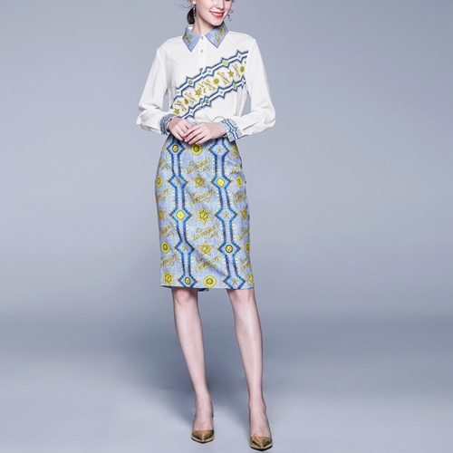 

Fashion Printed Skirt Slim Collar Shirt + Skirt Suit (Color:White Size:L)