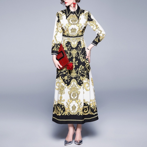 

Lapel Waist Retro Print Dress (Color:Yellow Size:M)