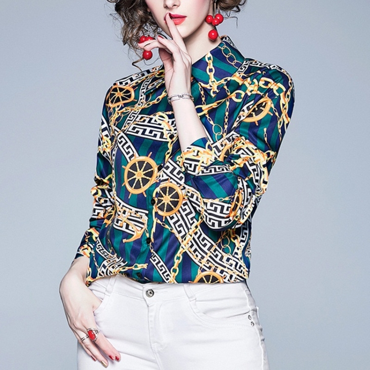 

Lapel Fashion Wild Retro Print Shirt (Color:Green Size:S)