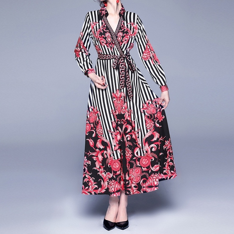 

Printed Long-sleeved Shirt Collar Dress (Color:Red Size:M)
