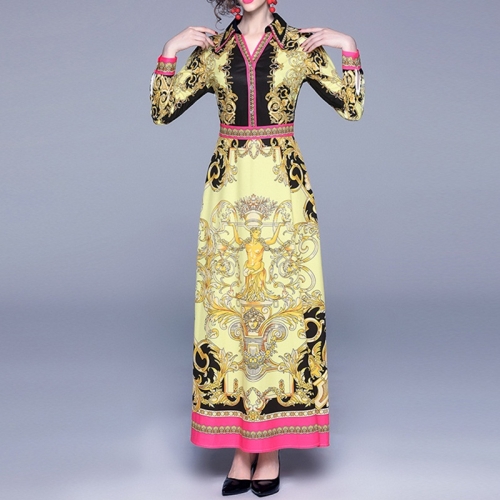 

High-end Women Palace Print Dress (Color:Yellow Size:M)