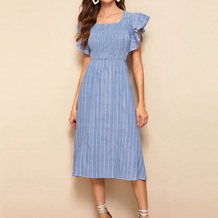 

Striped Square Collar Lotus Sleeve Slim Denim Dress (Color:Baby Blue Size:XL)