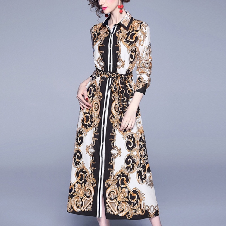 

Retro Print Long-sleeved Single-breasted Knee Dress (Color:Yellow Size:M)