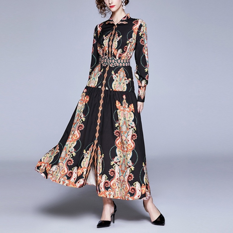 

Retro Print Loose Long-sleeved Big Swing Dress (Color:Black Size:M)
