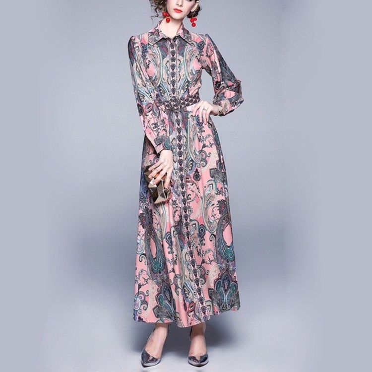 

Long Sleeve Print Big Swing Dress (Color:Pink Size:M)